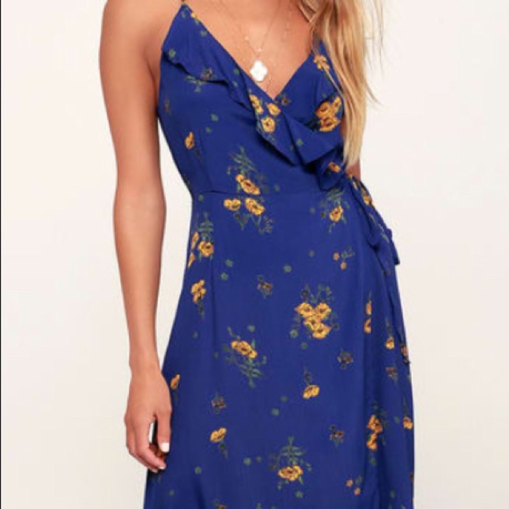 ROYAL BLUE FLORAL PRINT HIGH-LOW WRAP DRESS